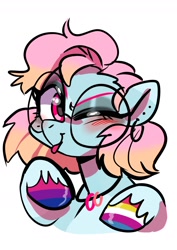 Size: 1240x1754 | Tagged: safe, artist:jully-park, imported from derpibooru, oc, oc only, oc:charlotte parker, earth pony, pony, bigender pride flag, bisexual pride flag, nail polish, one eye closed, pride, pride flag, simple background, solo, white background, wink