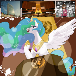 Size: 2400x2400 | Tagged: safe, artist:sanyo2100, imported from derpibooru, part of a set, princess celestia, oc, alicorn, human, pony, blushing, crown, eyeshadow, female, high res, hoof shoes, interspecies, jewelry, makeup, mare, news, open mouth, peytral, press, princess shoes, regalia, reporter, spread wings, united nations, wings