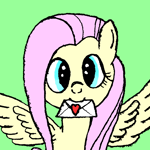 Size: 1440x1440 | Tagged: safe, ponerpics exclusive, fluttershy, pegasus, green background, looking at you, love letter, mail, mouth hold, simple background, solo, traditional art