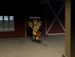 Size: 957x722 | Tagged: safe, imported from derpibooru, fluttershy, pegasus, pony, .mov, shed.mov, barn, chainsaw, female, game screencap, murdershy, roblox, solo, stay out of my shed, twisted (game)