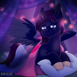 Size: 2000x2000 | Tagged: safe, alternate version, artist:erein, imported from derpibooru, oc, oc only, alicorn, pony, alternate character, bedroom, bisexual, bisexual pride flag, commission, ears up, flag, garland, high res, horn, indoors, lgbt, looking at you, night, pillow, pride, pride flag, pride month, room, smiling, smiling at you, solo, spread wings, string lights, wings, ych result