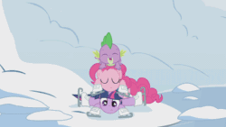 Size: 1920x1080 | Tagged: safe, imported from derpibooru, screencap, pinkie pie, spike, twilight sparkle, dragon, earth pony, pony, unicorn, season 1, winter wrap up, animated, baby, baby dragon, dragon hat, female, gif, horn, ice skates, loop, male, mare, out of context, skates, snow, thrusting, trio, unicorn twilight