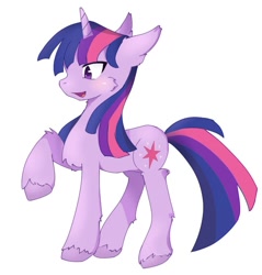 Size: 1019x1068 | Tagged: safe, artist:lipona, imported from derpibooru, twilight sparkle, anime, blue hair, blushing, confused, cute, female, filly, floppy ears, foal, horn, profile, purple streak, raised hoof, simple background, smiling, solo, stars, white background