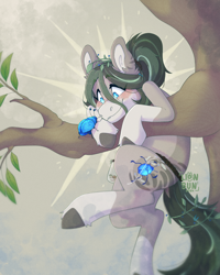 Size: 2000x2500 | Tagged: safe, artist:lionbun, imported from derpibooru, oc, oc only, oc:june blooms, beetle, earth pony, insect, climbing, cute, earth pony oc, excited, female, hang in there, hanging, happy, holding on, mare, solo, tree, tree branch
