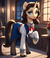 Size: 3429x4000 | Tagged: safe, imported from derpibooru, oc, oc only, pony, unicorn, ai content, ai generated, bioshock, bioshock infinite, blue eyes, candle, clothes, elizabeth, generator:pony diffusion v6 xl, generator:stable diffusion, horn, indoors, looking at you, ponified, prompter:midnight dashie, shirt, shoes, skirt, smiling, socks, stockings, thigh highs, unicorn oc, vase, window
