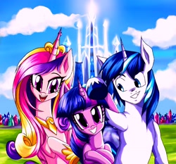 Size: 2320x2158 | Tagged: artist needed, source needed, safe, imported from derpibooru, princess cadance, shining armor, twilight sparkle, alicorn, pony, unicorn, brother and sister, crystal empire, female, horn, male, mare, one ear down, siblings, stallion, trio, unicorn twilight