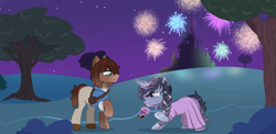 Size: 4629x2267 | Tagged: safe, artist:okimi, imported from derpibooru, oc, oc only, oc:lucid waves, oc:moonheart, earth pony, unicorn, background, braid, bush, castle, clothes, cosplay, costume, couple, disney, disney character, disney princess, dress, duo, duo male and female, earth pony oc, female, fireworks, head chain, horn, jewelry, looking at each other, looking at someone, male, marriage proposal, moon, night, night sky, oc x oc, outfit, ring, shipping, sky, smiling, smiling at each other, stars, tangled (disney), tree, unicorn oc