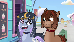 Size: 1334x750 | Tagged: safe, imported from derpibooru, oc, oc only, oc:lucid waves, oc:moonheart, earth pony, unicorn, couple, duo, earth pony oc, g5, horn, looking at each other, looking at someone, maretime bay, my little pony: tell your tale, oc x oc, screenshot redraw, shipping, smiling, unicorn oc