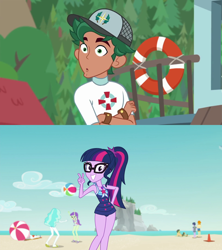 Size: 1920x2160 | Tagged: safe, edit, edited screencap, imported from derpibooru, screencap, bulk biceps, microchips, paisley, sandalwood, sci-twi, starlight, timber spruce, twilight sparkle, valhallen, human, equestria girls, equestria girls series, turf war, beach, beach ball, clothes, equestria girls specials, female, glasses, hat, life preserver, male, my little pony equestria girls: better together, my little pony equestria girls: forgotten friendship, one-piece swimsuit, peace sign, ponytail, rash guard, sci-twi swimsuit, shipping, smiling, straight, swimsuit, timbertwi, traffic cone, umbrella