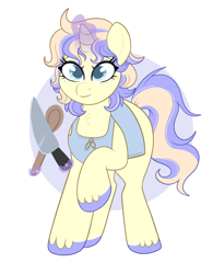 Size: 950x1220 | Tagged: safe, artist:lulubell, imported from derpibooru, oc, oc only, oc:chiffonade charm, unicorn, apron, chef, clothes, female, horn, knife, mare, simple background, solo, spoon, white background