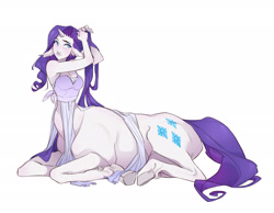 Size: 2048x1592 | Tagged: safe, artist:skirtzzz, imported from derpibooru, rarity, centaur, taur, clothes, female, hooves, horn, lying down, signature, simple background, solo, tail, white background