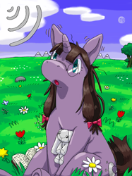 Size: 1535x2048 | Tagged: safe, artist:ange1egg, artist:mimill3, imported from derpibooru, oc, oc only, pony, unicorn, blue eyes, brown hair, brown tail, cloud, flower, grass, horn, outdoors, plushie, purple coat, sky, solo, tail, unicorn oc