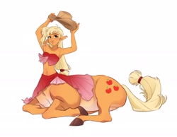 Size: 2048x1593 | Tagged: safe, artist:skirtzzz, imported from derpibooru, applejack, centaur, taur, applejack's hat, clothes, cowboy hat, female, hat, hooves, lying down, signature, simple background, solo, tail, white background