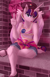 Size: 1800x2800 | Tagged: safe, artist:sixes&sevens, imported from derpibooru, princess cadance, alicorn, anthro, alternate hairstyle, beanie, clothes, female, graffiti, hat, looking at you, pansexual pride flag, peace sign, peace symbol, pride, pride flag, sandals, shorts, sitting, smiling, solo, tie dye, tongue out