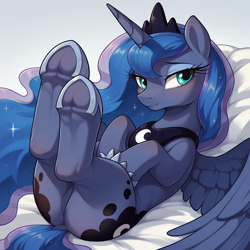 Size: 1024x1024 | Tagged: prompter needed, safe, imported from derpibooru, princess luna, alicorn, pony, ai content, ai generated, blushing, butt, crown, cute, dock, ethereal mane, ethereal tail, featureless crotch, female, frog (hoof), generator:stable diffusion, hoof shoes, jewelry, legs in air, looking sideways, lunabetes, lying down, mare, on back, partially open wings, peytral, plot, princess shoes, regalia, solo, starry mane, tail, underhoof, wings