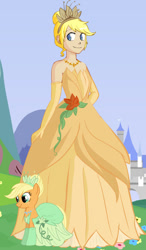 Size: 400x687 | Tagged: safe, artist:glittertiara, imported from derpibooru, applejack, human, pony, alternate hairstyle, applejack also dresses in style, clothes, disney, dress, evening gloves, female, flower, gloves, gown, jewelry, long gloves, mare, necklace, rose, smiling, the princess and the frog, tiana