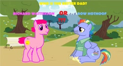 Size: 4320x2336 | Tagged: safe, artist:memeartboi, imported from derpibooru, bow hothoof, oc, earth pony, pegasus, pony, bowabetes, buff, clothes, cute, debate, debate in the comments, discussion, duo, duo male, earth pony oc, father, fatherly, handsome, jacket, male, multicolored hair, muscles, park, park background, pegasus wings, ponified, rainbow hair, rainbow tail, richard watterson, shirt, sitting, smiling, stallion, standing, tail, the amazing world of gumball, tree, vote, who would win, wings