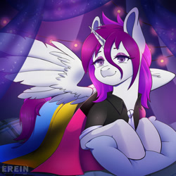 Size: 2000x2000 | Tagged: safe, alternate version, artist:erein, imported from derpibooru, oc, oc only, oc:mewies, alicorn, pony, alicorn oc, alternate character, bedroom, clothes, commission, demipansexual, demipansexual pride flag, ears up, eyeshadow, female, flag, garland, high res, horn, indoors, lgbt, looking at you, makeup, multicolored hair, multicolored tail, necktie, night, pillow, pride, pride flag, pride month, room, shirt, smiling, smiling at you, solo, spread wings, string lights, tail, white fur, wings, ych result