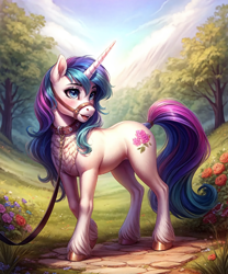 Size: 1280x1536 | Tagged: safe, imported from derpibooru, part of a set, prompter:mechanic31, oc, oc only, human, pony, unicorn, ai content, ai generated, blue eyes, chest fluff, collar, detailed, detailed background, dominant pov, female, femsub, flower, grass, halter, hooves, horn, implied human, implied human on pony action, implied interspecies, leash, long tail, multicolored hair, multicolored mane, multicolored tail, open mouth, outdoors, pet play, prompt in description, solo, standing, submissive, tack, tail, tree, unicorn horn, unicorn oc, unshorn fetlocks