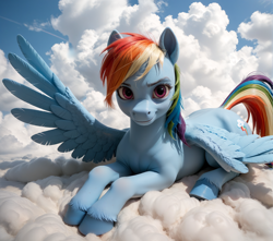 Size: 1912x1688 | Tagged: safe, imported from derpibooru, rainbow dash, pegasus, pony, ai content, ai generated, clothes, cloud, female, generator:pony realism 2.1, generator:stable diffusion, jewelry, looking at you, lying down, mare, on a cloud, prompter:nonezid, realistic, sky, smiling, solo, spread wings, wings