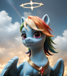 Size: 1688x1912 | Tagged: safe, imported from derpibooru, rainbow dash, pegasus, pony, ai content, ai generated, clothes, cloud, female, generator:pony realism 2.1, generator:stable diffusion, halo, jewelry, looking at you, mare, prompter:nonezid, realistic, sky, smiling, solo, spread wings, wings