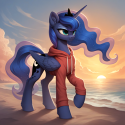 Size: 2048x2048 | Tagged: safe, imported from derpibooru, princess luna, alicorn, pony, ai content, ai generated, beach, clothes, crown, cute, ear fluff, folded wings, generator:autismmix pony, generator:stable diffusion, hoodie, horn, jewelry, lunabetes, prompter:liladash, regalia, solo, standing, sunset, water, wings