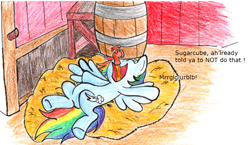 Size: 1416x820 | Tagged: safe, artist:fleximusprime, imported from derpibooru, rainbow dash, pegasus, atg 2024, barrel, cider, cider dash, drink, drinking, hay, implied applejack, newbie artist training grounds, solo, that pony sure does love cider