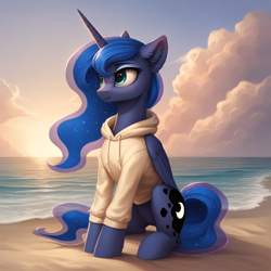 Size: 2048x2048 | Tagged: safe, imported from derpibooru, princess luna, alicorn, pony, ai content, ai generated, beach, clothes, cloud, cute, ear fluff, folded wings, generator:autismmix pony, generator:stable diffusion, hoodie, horn, looking away, lunabetes, prompter:liladash, sitting, solo, sunset, water, wings