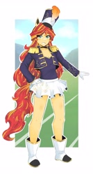 Size: 2499x4677 | Tagged: safe, artist:deeemperor, imported from derpibooru, sunset shimmer, equestria girls, boots, choker, clothes, coat, cute, female, gloves, grin, hat, marching band, marching band uniform, ponied up, pony ears, shimmerbetes, shirt, shoes, skirt, smiling, solo, tail, uniform