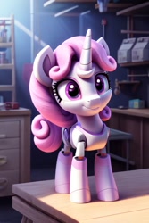 Size: 512x768 | Tagged: safe, imported from derpibooru, sweetie belle, pony, robot, robot pony, unicorn, ai content, ai generated, generator:stable diffusion, horn, prompter:chillyhooves, set phasers to hug, solo, sweetie bot, workshop, wrong eye color