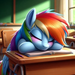 Size: 1024x1024 | Tagged: safe, imported from derpibooru, rainbow dash, pegasus, pony, ai content, ai generated, book, closed mouth, cute, dashabetes, desk, eyes closed, female, folded wings, generator:bing image creator, generator:dall-e 3, mare, resting, school, school desk, sitting, sleeping, sleeping in class, sleepydash, solo, wings