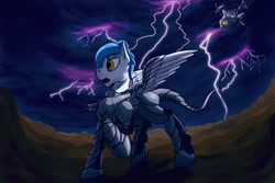 Size: 1500x1000 | Tagged: safe, artist:freemind, imported from derpibooru, pegasus, fallout equestria, armor, enclave, helicopter, lightning, male