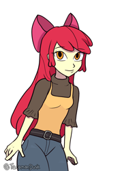 Size: 2039x2894 | Tagged: safe, artist:tacoman dusct, imported from derpibooru, apple bloom, equestria girls, clothes, denim, jeans, looking at you, pants, simple background, smiling, smiling at you, solo, white background