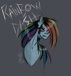 Size: 2588x2760 | Tagged: safe, artist:death.alicorn, imported from derpibooru, rainbow dash, pegasus, pony, blue background, bust, dark, emo, lip piercing, piercing, sharp teeth, simple background, snake bites, solo, teeth