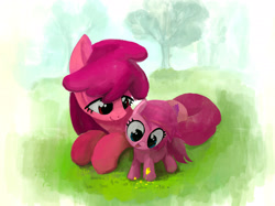 Size: 2732x2048 | Tagged: safe, artist:mandumustbasukanemen, imported from derpibooru, berry punch, berryshine, piña colada, pony, atg 2024, duo, female, filly, flower, foal, grass, mare, newbie artist training grounds, outdoors