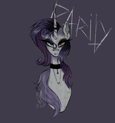 Size: 2588x2760 | Tagged: safe, artist:death.alicorn, imported from derpibooru, rarity, pony, unicorn, bloodshot eyes, bust, choker, cross, dark, emo, eye scar, facial scar, female, horn, horn ring, inverted cross, jewelry, looking at you, mare, purple background, ring, scar, simple background, solo