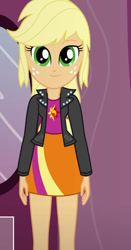 Size: 490x936 | Tagged: safe, artist:qbert2kcat, imported from derpibooru, applejack, equestria girls, clothes, clothes swap, jacket, shirt, skirt, solo