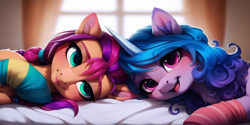 Size: 2048x1024 | Tagged: prompter needed, safe, imported from derpibooru, izzy moonbow, sunny starscout, earth pony, pony, unicorn, ai content, ai generated, blushing, chest fluff, clothes, duo, duo female, female, g5, horn, lesbian, lying down, moonscout, open mouth, open smile, shipping, smiling, socks, striped socks