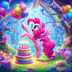 Size: 1024x1024 | Tagged: safe, imported from derpibooru, pinkie pie, earth pony, pegasus, pony, ai content, ai generated, balloon, cake, candle, eyelashes, female, food, forest background, generator:bing image creator, generator:dall-e 3, lake, mare, open mouth, party, pegasus pinkie pie, present, race swap, solo, streamers, water