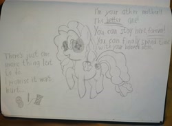 Size: 4079x2979 | Tagged: safe, artist:snowflake_pone, imported from derpibooru, pear butter, earth pony, pony, button, coraline, female, mare, needle, no eyes, simple background, solo, text, thread, traditional art