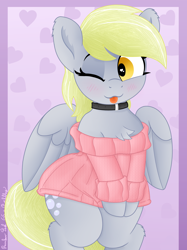 Size: 3016x4032 | Tagged: safe, artist:pabbley, artist:rainbowšpekgs, imported from derpibooru, derpy hooves, pegasus, pony, bipedal, blushing, chest fluff, choker, clothes, collar, cute, derpabetes, female, heart, heart eyes, mare, off shoulder, off shoulder sweater, one eye closed, solo, sweater, sweater dress, tongue out, wide hips, wingding eyes, wings, wink