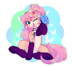 Size: 1200x1094 | Tagged: safe, artist:sekuponi, imported from twibooru, oc, oc only, pony, clothes, female, happy, image, mare, needs more jpeg, socks