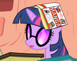 Size: 626x501 | Tagged: safe, edit, edited screencap, imported from twibooru, screencap, twilight sparkle, pony, unicorn, book, female, golden oaks library, image, library, manga, mare, open mouth, open smile, png, solo, sunglasses, unicorn twilight