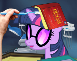 Size: 626x501 | Tagged: safe, edit, edited screencap, imported from twibooru, screencap, twilight sparkle, human, pony, unicorn, book, brushie, brushie brushie, dentist, female, image, mare, offscreen character, open mouth, open smile, png, solo, sunglasses, unicorn twilight