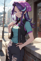 Size: 1280x1920 | Tagged: safe, imported from derpibooru, starlight glimmer, human, ai content, ai generated, beanie, city, female, hand in pocket, hat, humanized, looking at you, prompter:the-sanctuaire, solo