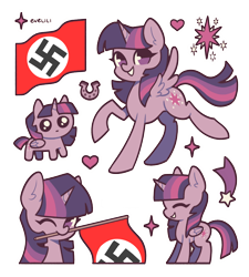 Size: 2700x3000 | Tagged: safe, artist:evelili, edit, editor:strifesnout, imported from twibooru, twilight sparkle, alicorn, pony, autism creature, female, heart, horn, image, mare, nazi, nazi flag, one eye closed, png, raised hoof, raised leg, simple background, solo, spread wings, standing, swastika, transparent background, twilight sparkle (alicorn), wings, wink