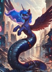 Size: 1024x1408 | Tagged: safe, imported from derpibooru, princess luna, alicorn, cyborg, hybrid, lamia, original species, ai content, ai generated, cyberpunk, generator:pony diffusion v6 xl, generator:stable diffusion, horn, lamiafied, prompter:star-dragon, science fiction, species swap, wings