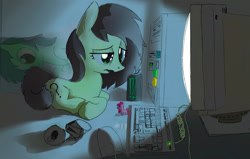 Size: 2732x1736 | Tagged: safe, artist:mandumustbasukanemen, imported from derpibooru, oc, oc:filly anon, pony, atg 2024, body pillow, computer, drink, energy drink, female, filly, foal, lying down, monitor, monster energy, newbie artist training grounds, ponyloaf, prone, retro, solo, tired