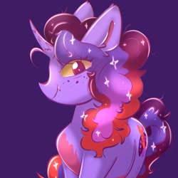 Size: 2048x2048 | Tagged: safe, alternate version, artist:cupute, imported from derpibooru, oc, oc:bisty, pony, alternate cutie mark, alternate design, alternate eye color, alternate hair color, alternate hairstyle, chromatic aberration, curly hair, curly mane, curly tail, curved horn, cutiemark swap, evil grin, fluffy, freckles, frizzy hair, g5, grin, horn, misty brightdawn, png, purple background, redesign, reference, reference to another series, shiny, shiny mane, simple background, slit pupils, smiling, sparkles, stars, tail, teeth, yellow eyes