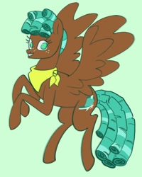 Size: 1440x1800 | Tagged: safe, artist:broniesforponies, imported from derpibooru, spur, pegasus, pony, brown coat, brown wings, green background, neckerchief, rearing, simple background, smiling, solo, spread wings, teal mane, teal tail, wings